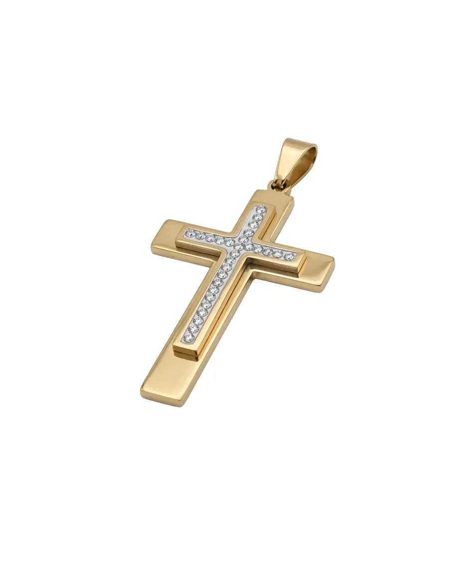 Zirconia Fine Cross Pendant in 18k Gold Plated Stainless Steel