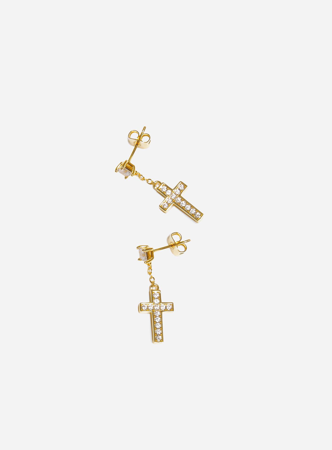 Iced Cross Dangle Stud Earrings