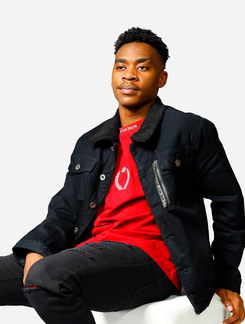 Red denim sherpa jacket shop